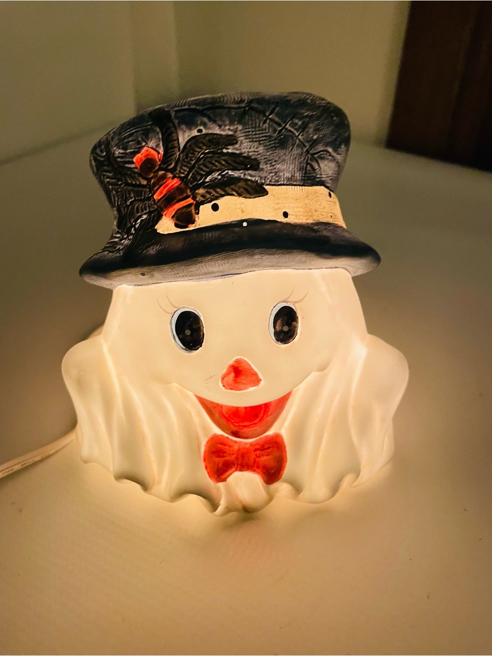 Vintage- White Ghost Night Light with Black Hat and Red Accents